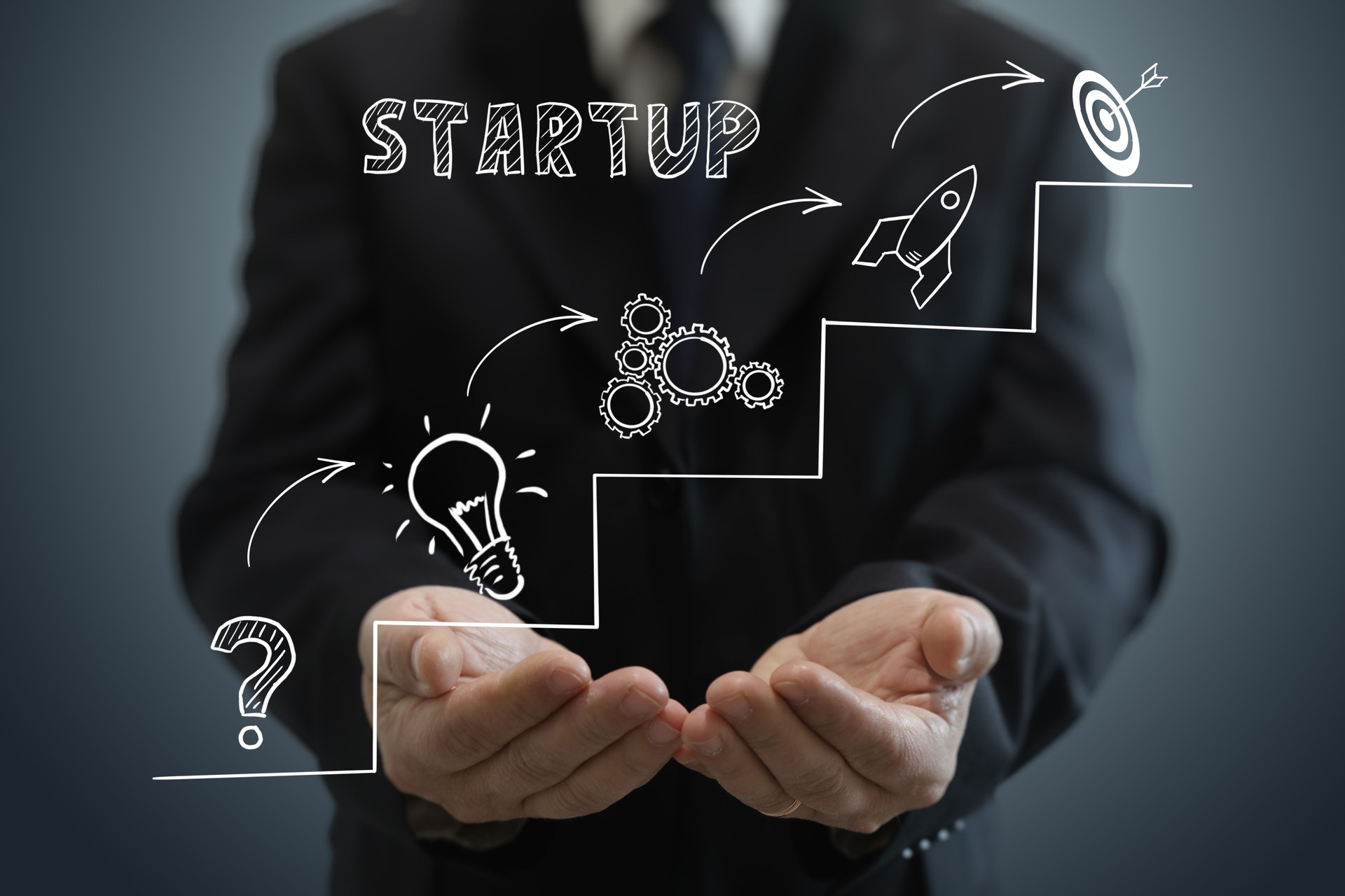 Businessman creative idea innovation business startup ladder of success competition improvement