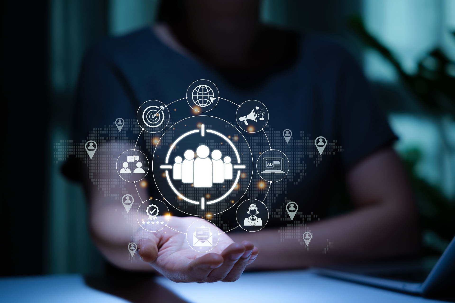Digital Marketing and Target Audience Concept. Person holding marketing icon represent targeting, customer engagement. global reach, sale growth, customer acquisition, modern strategy in online market, CRM Customer Relationship Management,